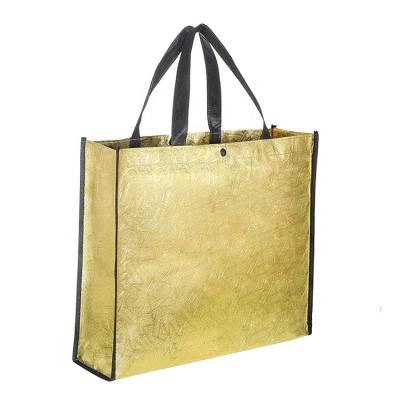 China Reusable Handled Extra Large Shopping Bag Non Woven Laminated Grocery Folding Tote Shopping Bag With Reinforced Eco Reuse Gold Handles for sale