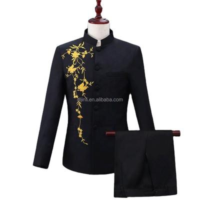 China Anti-wrinkle 2pcs Plus Size Embroidery Pattern Wedding Party Feast Black Slim Suit Mens Suit Suit for sale