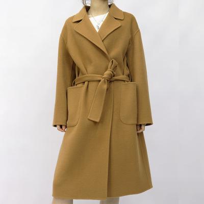 China Anti-wrinkle Top-grade woolen warm women's handmade coats with belt solid color fashion ladies winter clothes plus size loose woolen coat along for sale