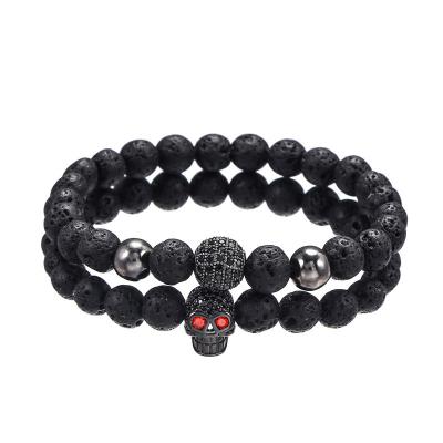 China Mini Zircon Diamond Ball Skull 2pcs/Set Vintage Amazon Bracelet Punk Black Men's Beads Bracelet for sale