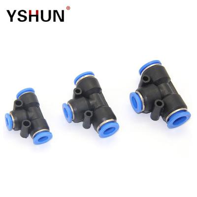 China food & Beverage Plant YSHUN PE PT Series Tee T Union Quick Joint Push In Pneumatic Fitting For Connect PU Tube for sale