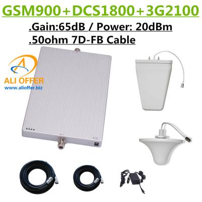 China 1200sqm GSM 9001800 2100 MHz Triband Cell Mobile Phone Signal Booster Repeater Amplifier+LPDS+Ceiling Antenna+15m 7D-FB for sale