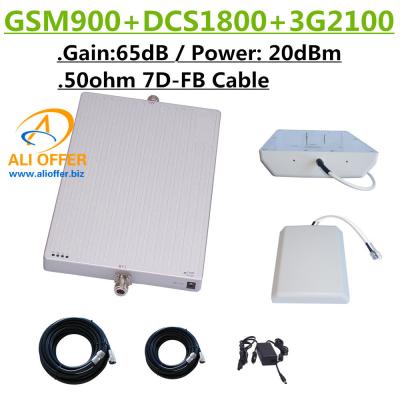 China High Power GSM DCS 3G 9001800 2100MHz TriBand Cellphone Mobile Signal Booster Repeater Amplifier+Panel Antenna+15m 7D-FB for sale