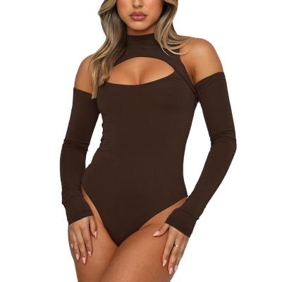 China Hollow Out Breathable Popular Women Brown Half High Neck Long Sleeve Backless Strapless Top for sale