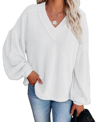 China Best Selling Elegant Soft V-Neck Lantern Loose Sleeve Knit White Women Sweater for sale