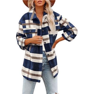 China New Arrivals Breathable Autumn And Winter Flannel Women Checked Button Shirt Coat With Big Pockets for sale