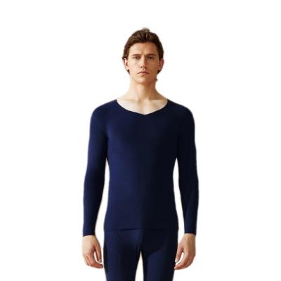 China New Trend Double Cation Thermal Heating Dark Blue V Faced Velvet Comfortable Elastic Fit--Neck Thermal Underwear For Men for sale