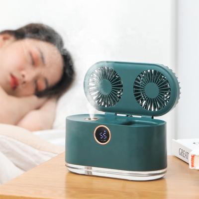 China Dual Fan With Battery Digital Mini Rechargeable Water Spraying Mist Fan With Night Light for sale