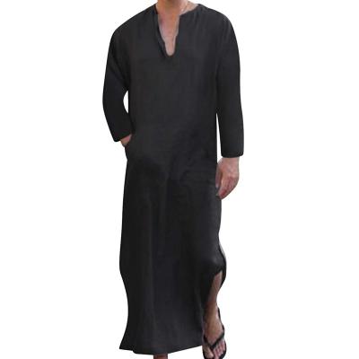 China QUICK DRY Mens V Neck Long Sleeve Long Dress Short Side Split Kaftan Cotton Long Dress for sale