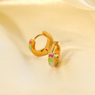 China FASHIONABLE Best Seller Vintage Rainbow Oil Drip Round Small 18K Gold Plated Stainless Steel Hoop Earrings for sale