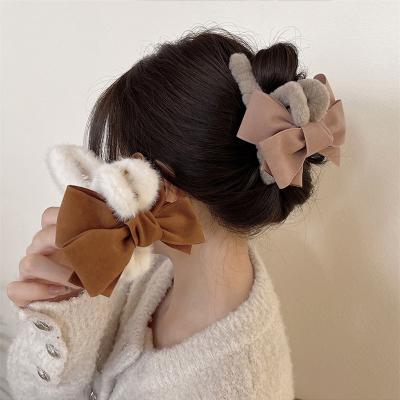 China Hot Sale Stylish Decoration Shark Hair Accessories Velvet Bowknot Plush Women Hair Claw Large Back Head Clips for sale