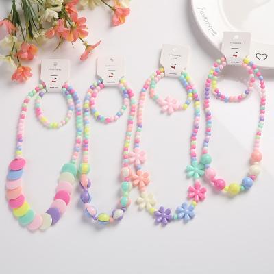 China Cute Vintage Best Seller Candy Color Beaded Bracelet Necklace Kids Jewelry 2 Pieces Set For Girls for sale