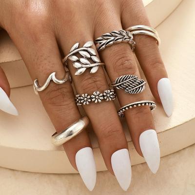 China Popular High Quality Punk Flower Leaves Wave Silver Zinc Alloy Women Thin Open Finger Rings Set Jewelry for sale