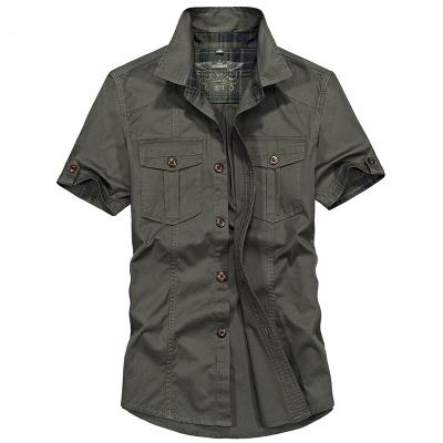 China Military Green Plaid Cotton Anti-pilling Summer Khaki Short Sleeve Breathable Men's Shirts for sale