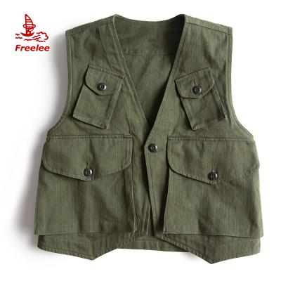 China 2019 Latest Design Fashion Multi Pockets Army Green Canvas Waistcoat Anti-Shrink Vest Men for sale