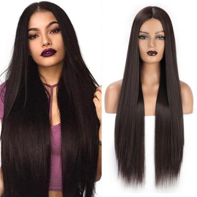 China Free Sample Long Straight Heat Resistant Wig 28 Inches Long Synthetic Silk Lace Front Wigs For Black Women Middle Part Straight Hair for sale