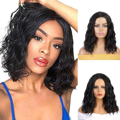 China Water Wave Sturdy Good Quality Short Bob Wigs For Black Women Wavy Medium Part Synthetic Lace Up Black Wigs Wholesale Price for sale