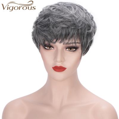 China Sturdy Straight Gray Mixed Black Short Bob Wig With Bangs Synthetic Hair Bob Wigs For White Colored Women for sale