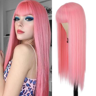 China Long Straight Pink Straight Wigs With Bangs Long Wig For Women Cosplay Wig With Bangs Halloween 26 Inches for sale