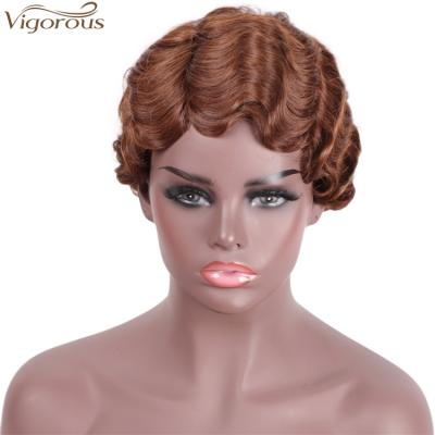 China Wholesale Price Cheap Short Wavy Wigs Sturdy Pixie Cut Brown Wig For Black Women Wave Synthetic Wigs High Temperature for sale