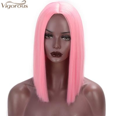 China Sturdy Short Straight Bob Wig Middle Part Pink Heat Resistant Synthetic Wig Silky Straight Wig 14 Inches Cosplay Daily Use For Women for sale