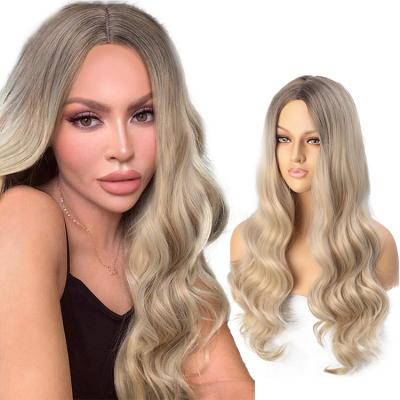 China Black Blonde Water Wave Ombre Hair For Wig Long Layered Synthetic Hair Wigs Non Lace Long Water Wavy Hair Daily Use Wig for sale