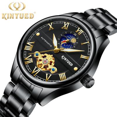 China KINYUED luminous moon phase luxury black watch tourbillon automatic mechanical watch for men for sale