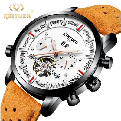 China KINYUED J019-3  Private Label Gold Case Genuine Leather Auto Date Skeleton Tourbillon Automatic Mechanical Wristwatches for sale