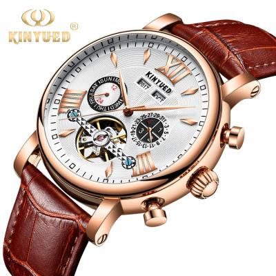 China KINYUED J017-1  White Dial Gold Case Leather Strap Complete Calendar  Skeleton Automatic Mechanical relojes Watch for sale