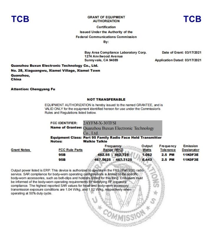 FCC - Quanzhou Buxun Electronic Technology Co., Ltd.