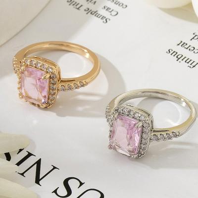 China Environmental Friendly 2024 New Fashion Gold Plated Square Silver Diamond Pink Crystal Ring For Women for sale