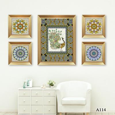 China Eco-friendly Islamic Painting Golden Peacock Symmetry Wall Painting Group Art for sale