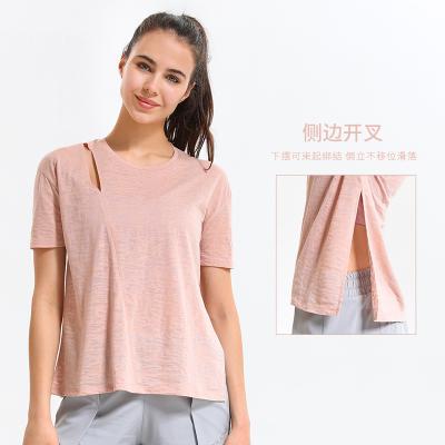 China 2021 Women's Gym T-shirts 65%Polyester/35%Spandex Back Split Skinny Quick Dry Elastic T-shirt 65%Polyester/35%Spandex For Women for sale