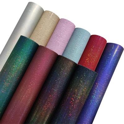 China Waterproof Colored PU Holographic Faux Glitter Rainbow Fabric Imitation Flannel Leather Cotton Backing For Cosmetic Bag/Shoes Making for sale