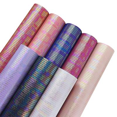 China Anti-Must Facula Holographic Mirrored Circle Printed Faux Fabric Cotton Leather Backing For Making Shoes Bags for sale