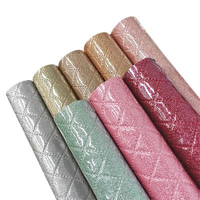 China Waterproof Shiny Fine Glitter Shiny Square Embossed Faux Leather Fabric Reflective Nonwoven Vinyl TPU Backing For Making Sofa Car Seat for sale