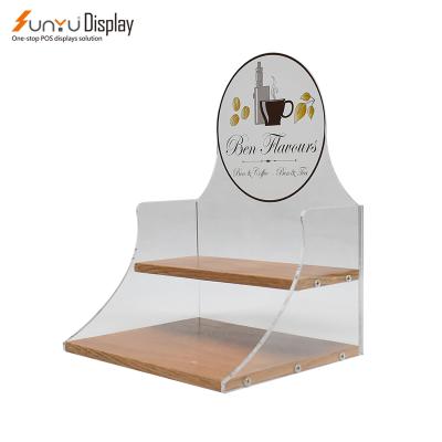 China Display Stand Factory Logo Custom 2 Tires Wooden Food Cafe Display Trays And Acrylic Food Display Stand for sale