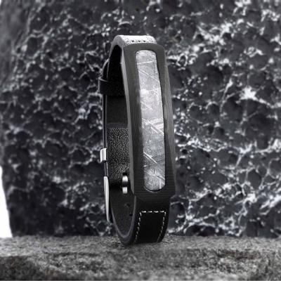 China Length 22cm Stainless Steel Leather Bracelet Meteorite Stone Bracelet Exquisite for sale