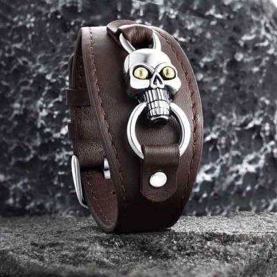 China Meteorite Genuine Leather Bracelet Stainless Steel Adjustable Size Length 19-22cm for sale