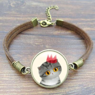 China Wholesale Custom CLASSIC Cute Cat Combination Alloy Bracelet Gem Charms Glass Leather Bangle Bracelet For Women for sale