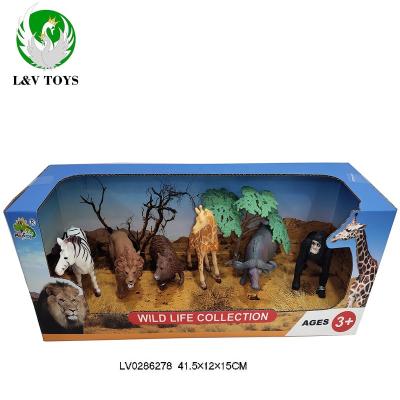 China Plastic Game 6 Kinds Favorite Kinds Wild Animals Set With Trees For Kids Presentation The Box Boys Girls Gift Set for sale