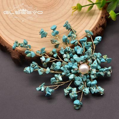 China Vintage Gold Brooch Brass High Quality Pins For Women Wedding Natural Turquoise Leaves Style Brooch Jewelry Accessories In Bulk for sale