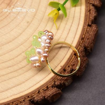 China BOHEMIA Pearl Ring Adjustable For Women Green Crystal Opening Ring Elegant Bridal Natural Freshwater Jewelry for sale