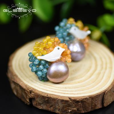 China Ethnic Natural Pearl Women's Freshwater Stud Earrings Crystal Beads Shell Bird Stud Earrings 925s Yellow Blue Engagement Earring for sale