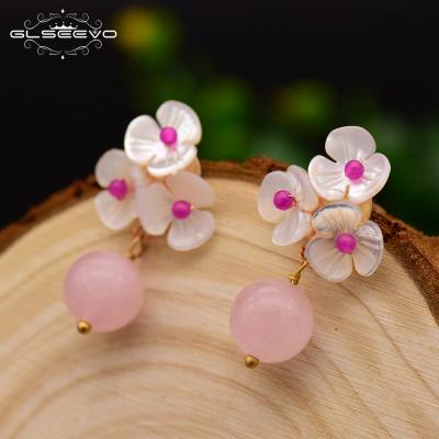 China Ethnic Natural Freshwater Pink Flower Crystal Drop Earrings Women Round Round Pearl Dangle Earrings 925s Jewelry for sale