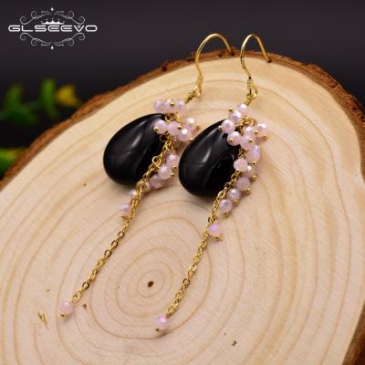 China Ethnic Natural Black Onyx Drop Earrings Long Hook 925 Sterling Silver Earrings Handmade Jewelry Brincos for sale