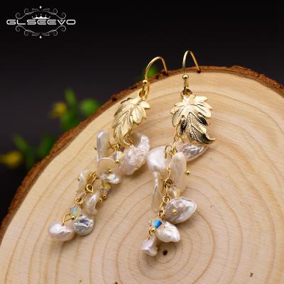 China New Ethnic Freshwater Natural Baroque Pearl Long Tassel Drop Earrings Plant Leaves Dangle Earring Handmade Fine Jewelry for sale