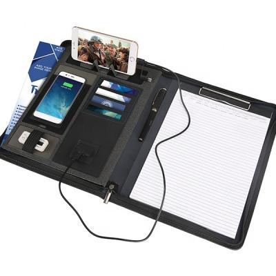 China Useful PU Leather Business PU Folder A4 Folder with Power Bank and Wireless Charger for sale