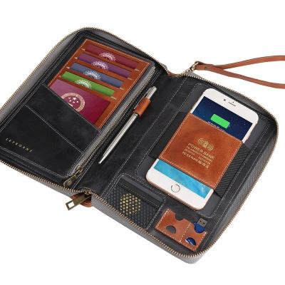 China With power bank & Radio Zippered Power Bank Genuine Leather Wallet With Wireless Charging Mens Real Leather Wallet Long for sale