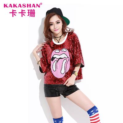 China Breathable dance performance hiphop fashion wear women sequin clothing hip hop t-shirt for sale